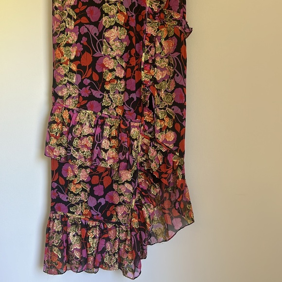 Saloni - Black w/ Pink, Orange & Gold Floral Print Maxi Dress Size 4 - Picture 5 of 14